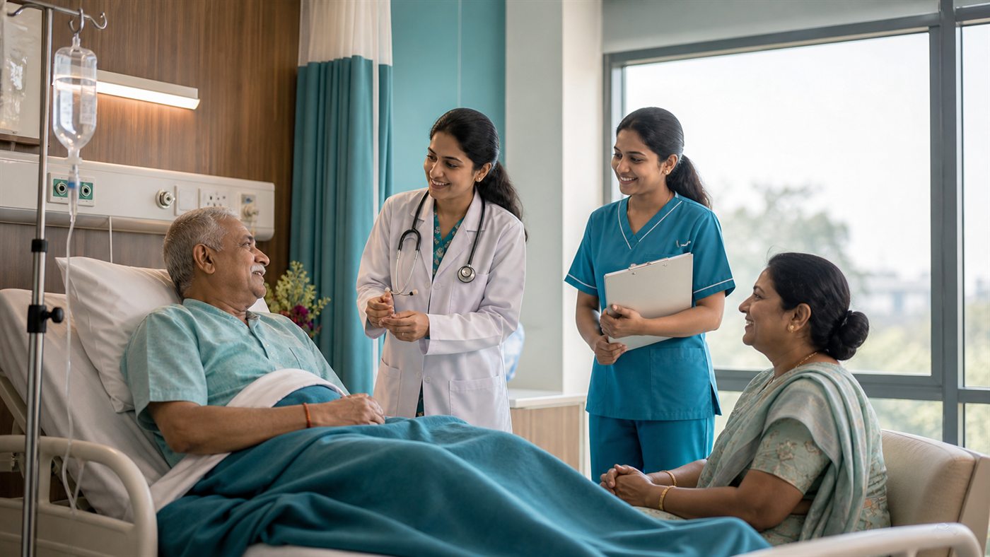 Doctor and nurse supporting an elderly patient and family member in a refined hospital room